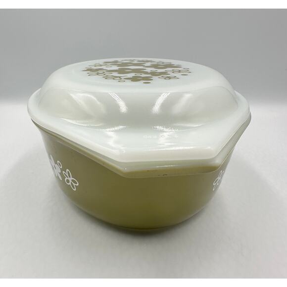 Vintage PYREX 043 Green Spring Blossom Glass Casserole & Lid 1.5 Qt - Picture 3 of 12
